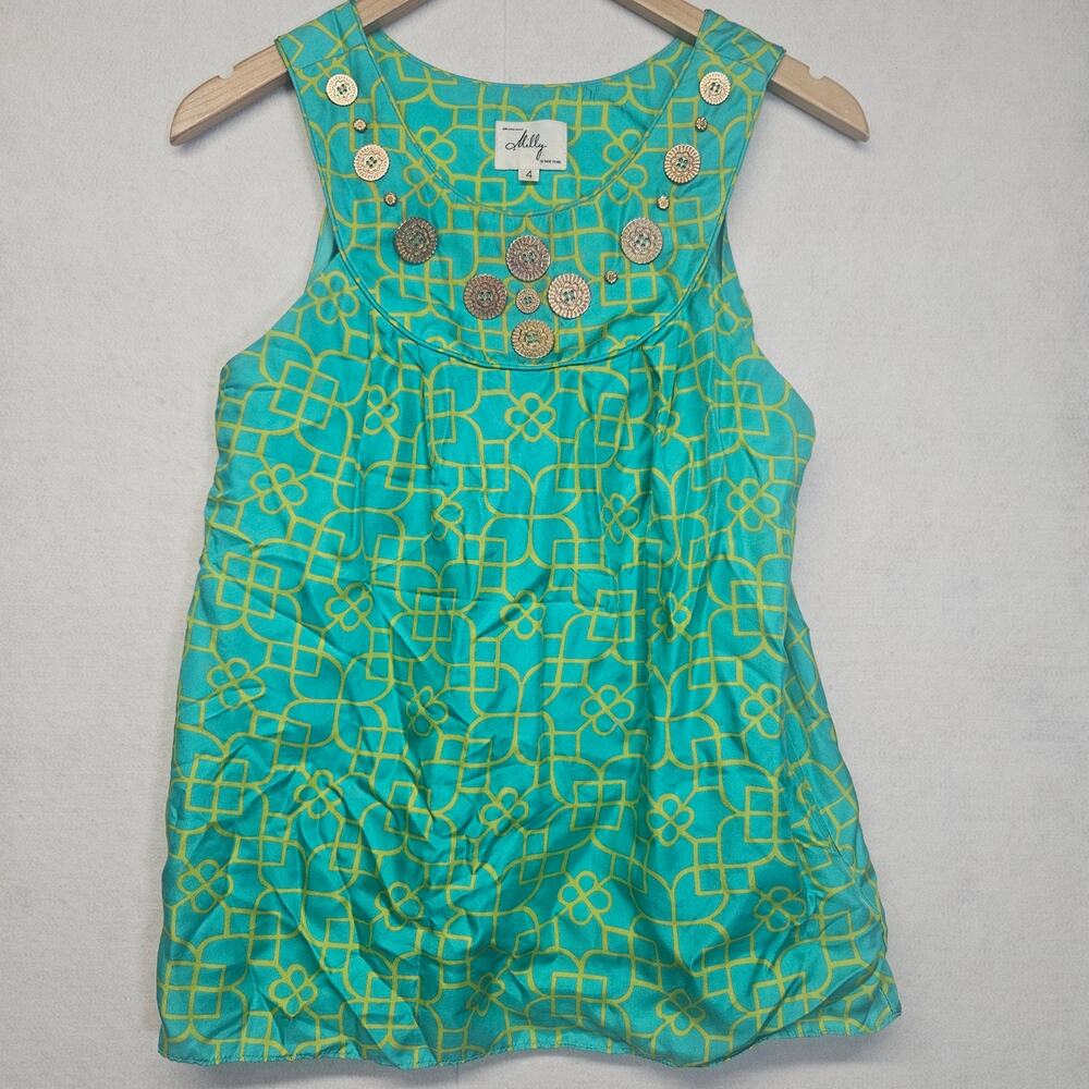 Milly New York Green Geometric Trellis Silk Tank Top Beaded Neckline Size 4